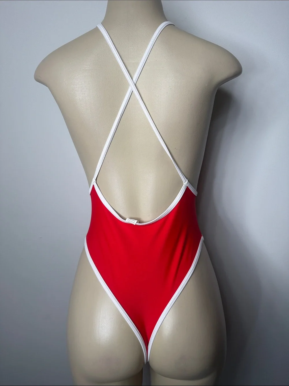 Red Cross-Back One-Piece Swimsuit with White Trim
